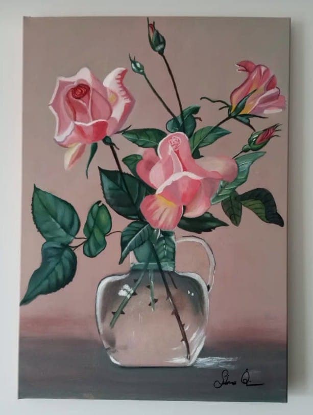 Pink roses in glass vase painting